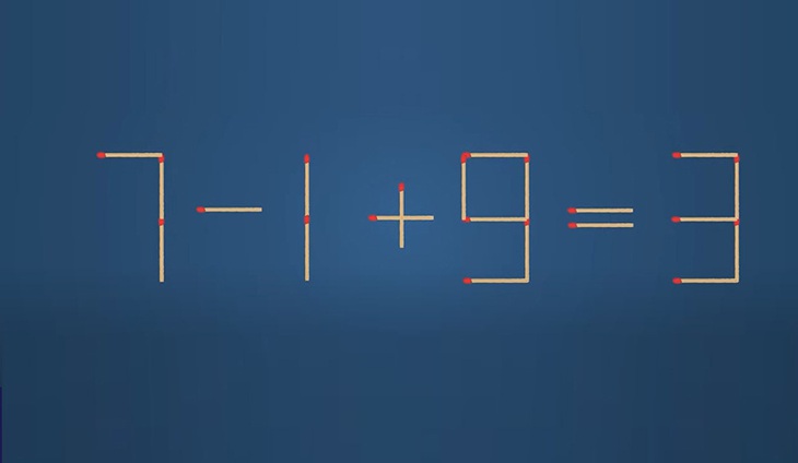 Thử tài IQ: Di chuyển một que diêm để 7-1+9=3 thành phép tính đúng - Ảnh 1. Thử tài IQ: Di chuyển một que diêm để 7-1+9=3 thành phép tính đúng - Ảnh 1.