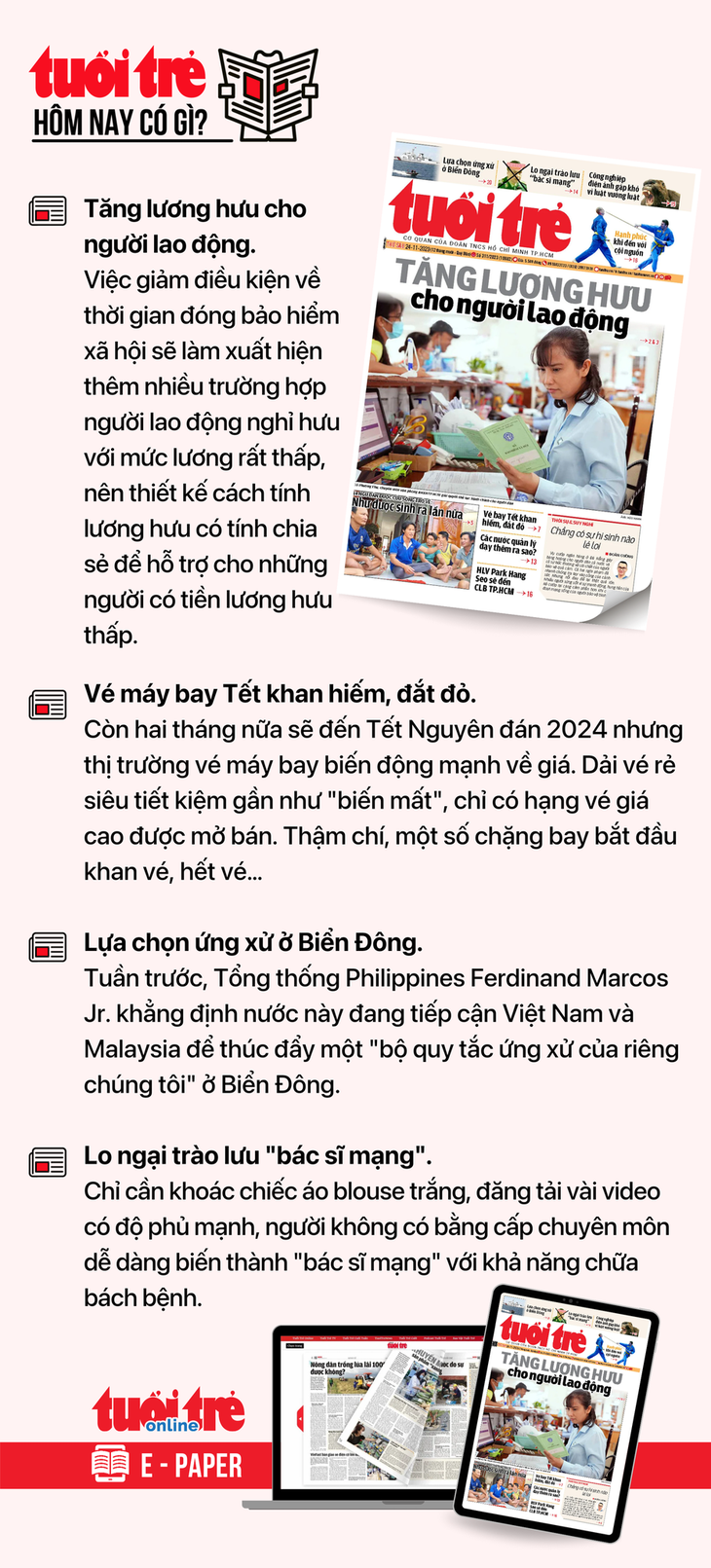 Tin tức chính trên Tuổi Trẻ nhật báo hôm nay 24-11. Để đọc Tuổi Trẻ báo in phiên bản E-paper, mời bạn đăng ký Tuổi Trẻ Sao TẠI ĐÂY