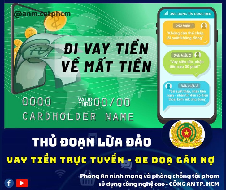 Công an TP.HCM cảnh báo bị lừa đảo tiền khi vay qua app tín dụng đen - Ảnh: Công an TP.HCM