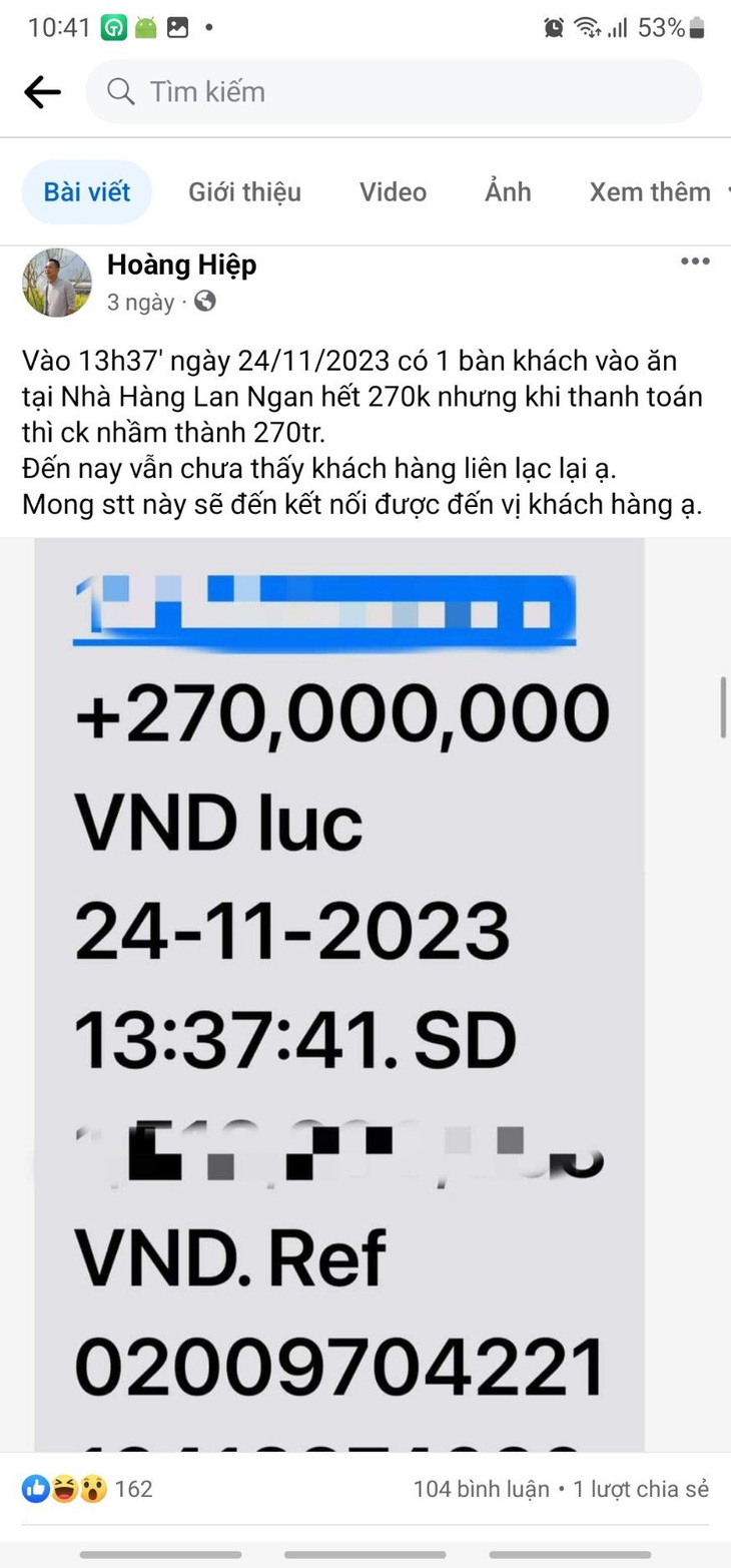 Anh Hoàng Hiệp đăng tải thông tin trên mạng xã hội để tìm vị khách chuyển nhầm tiền 