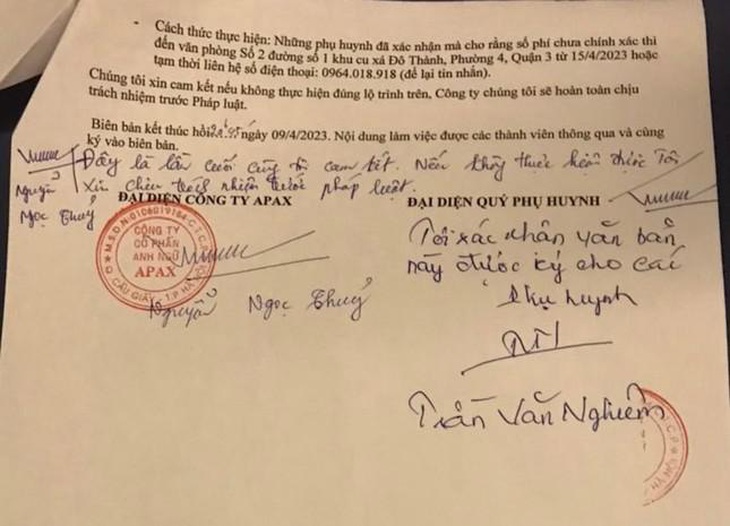 Cam kết trong biên bản vào ngày 9-4-2023 với phụ huynh, Shark Thủy viết tay: &quot;Đây là lần cuối cùng tôi cam kết, nếu không thực hiện được tôi xin chịu trách nhiệm trước pháp luật&quot; - Ảnh: TRỌNG NHÂN