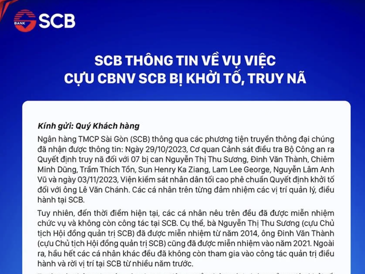 Thông cáo mà SCB phát đi - Ảnh chụp màn hình