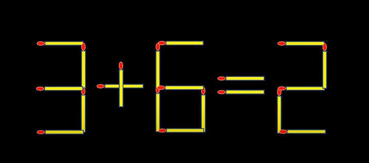 Thử tài IQ: Di chuyển một que diêm để 3+6=2 thành phép tính đúng - Ảnh 1. Thử tài IQ: Di chuyển một que diêm để 3+6=2 thành phép tính đúng - Ảnh 1.