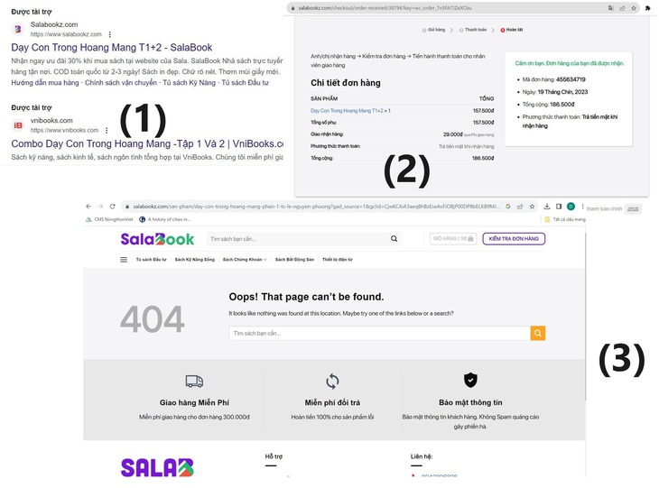 (Hình 1) Theo ghi nhận của Tuổi Trẻ Online, tối 7-11, bộ sách &quot;Dạy con trong hoang mang&quot; vẫn được rao trên trang web của Salabook; tuy nhiên đầu giờ chiều 8-11, bộ sách đã bị gỡ khỏi hệ thống (Hình 3). (Hình 2) Đơn hàng mà Anbooks đặt trên trang web của Salabook trước đó - Ảnh chụp màn hình