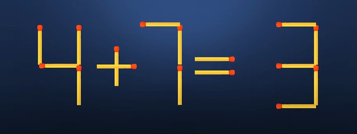Thử tài IQ: Di chuyển một que diêm để 4+7=3 thành phép tính đúng - Ảnh 1. Thử tài IQ: Di chuyển một que diêm để 4+7=3 thành phép tính đúng - Ảnh 1.