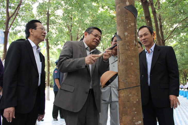 Nguyên phó thủ tướng Campuchia Yim Chhay Ly (người giữa) và ông Hai Thuận (bìa phải) dự lễ mở miệng cạo một vườn cây cao su VRG tại Campuchia năm 2015 - Ảnh: VRG