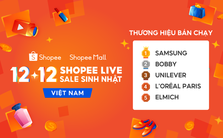 Loạt thương hiệu được yêu thích trên Shopee Mall gồm Samsung, Bobby, Unilever, L'Oréal Paris, Elmich.