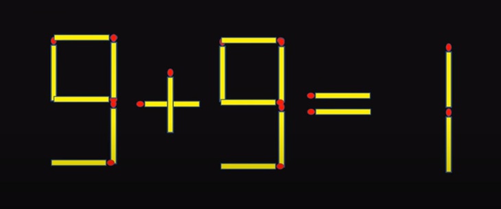 Thử tài IQ: Di chuyển hai que diêm để 9+9=1 thành phép tính đúng- Ảnh 1. Thử tài IQ: Di chuyển hai que diêm để 9+9=1 thành phép tính đúng- Ảnh 1.