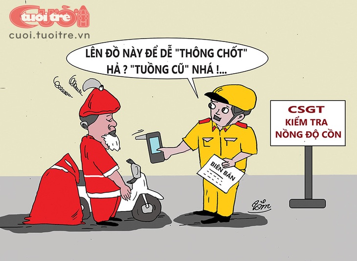 Ông già Noel dỏm đụng chốt đo nồng độ cồn - Tranh: Bùi Thanh Tâm 