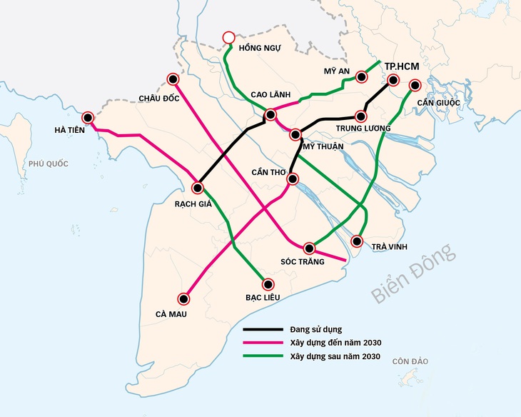 Quy hoạch các tuyến cao tốc khu vực Đồng bằng sông Cửu Long - Đồ họa: N.KH.