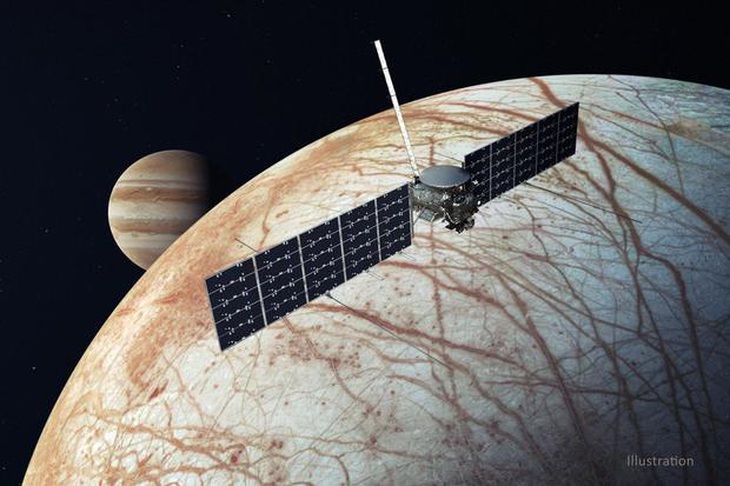 Minh họa tàu vũ trụ Europa Clipper bay ngang qua Europa, một Mặt trăng của sao Mộc - Ảnh: NASA