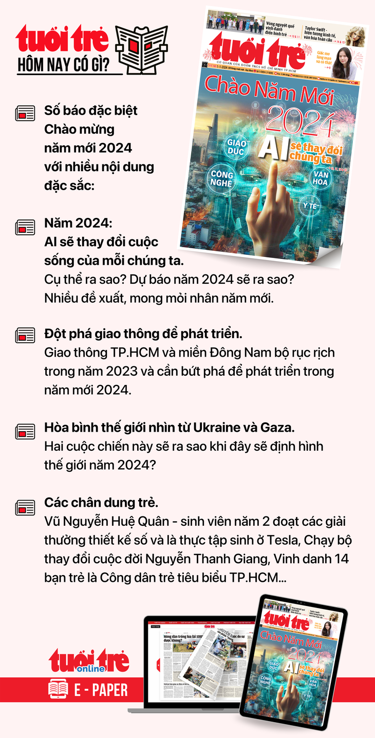 Tin tức chính trên Tuổi Trẻ nhật báo hôm nay 1-1-2024. Để đọc Tuổi Trẻ báo in phiên bản E-paper, mời bạn đăng ký Tuổi Trẻ Sao TẠI ĐÂY