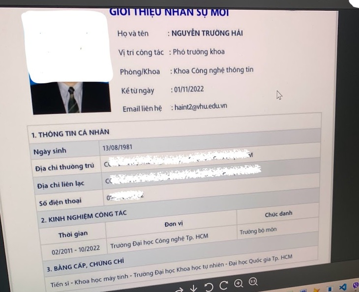 Thông tin giới thiệu nhân sự mới là ông Nguyễn Trường Hải với chức vụ phó trưởng khoa công nghệ thông tin đăng trên website Trường đại học Văn Hiến năm 2022