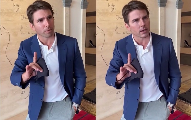 Một người dùng TikTok (trái) sử dụng deepfake để biến mặt mình thành của nam tài tử Tom Cruise (phải) - Ảnh: TELEGRAPH