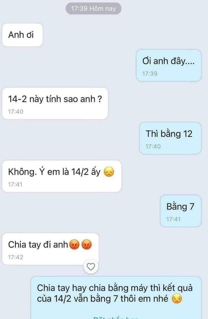 Ảnh vui 10-2: Chia tay ngay anh bồ giỏi toán chỉ biết 14 - 2 = 12 - Ảnh 1.