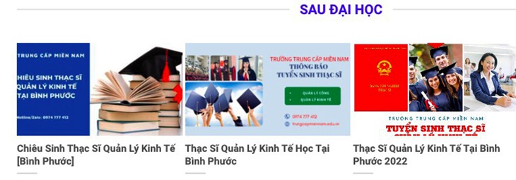 Trường trung cấp Miền Nam công khai thông báo tuyển sinh và đào tạo sau đại học tại trường ngay trên trang chủ website nhà trường - Ảnh chụp màn hình