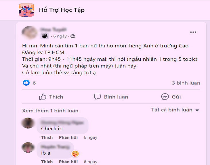 Những “sàn giao dịch” học hộ thi hộ trên Facebook đầy những tin rao mỗi ngày - Ảnh: Chụp màn hình