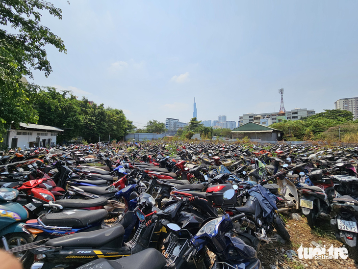 Hàng ngàn xe bị tạm giữ nằm phơi nắng ở kho tạm giữ xe vi phạm của Công an quận Bình Thạnh (TP.HCM) - Ảnh: ĐAN THUẦN