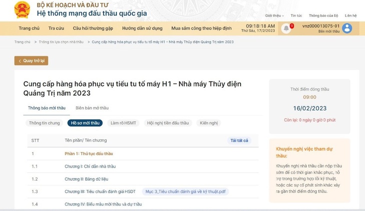 Thông tin chi tiết về một gói thầu của Công ty Thủy điện Quảng Trị trên hệ thống thống đấu thầu quốc gia