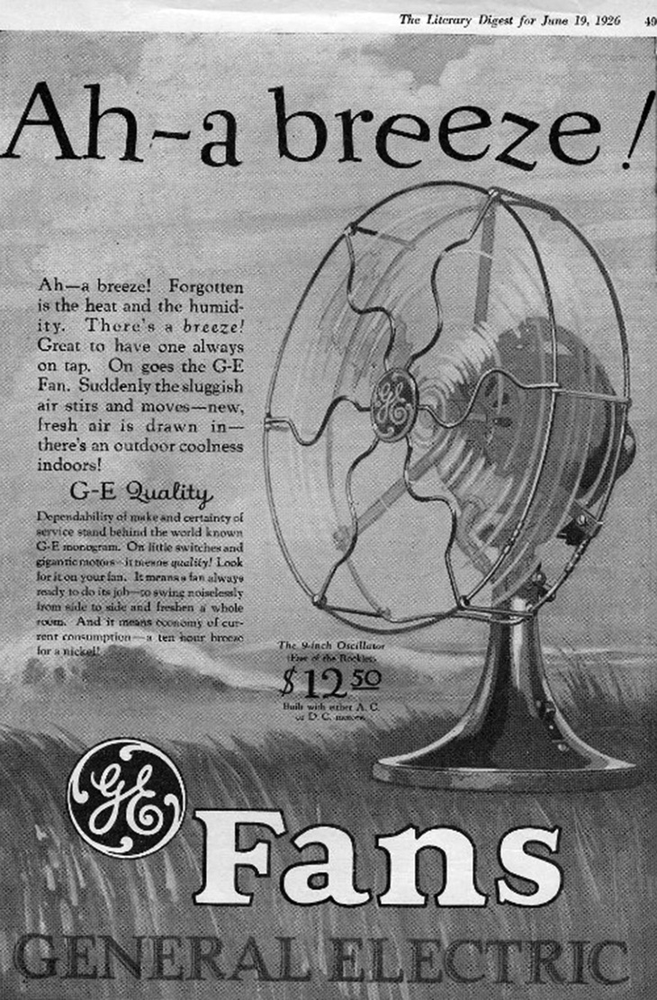 Một mẩu quảng cáo quạt điện do General Electric sản xuất năm 1926. Ảnh: Google Arts & Culture