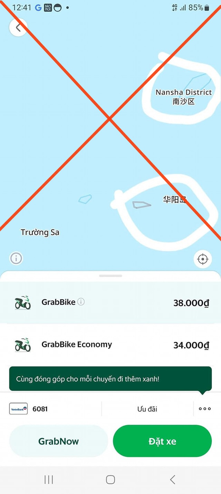 Bản đồ Grab thể hiện bãi đá Chữ Thập của Việt Nam là cơ quan “huyện Nam Sa” - Ảnh chụp màn hình