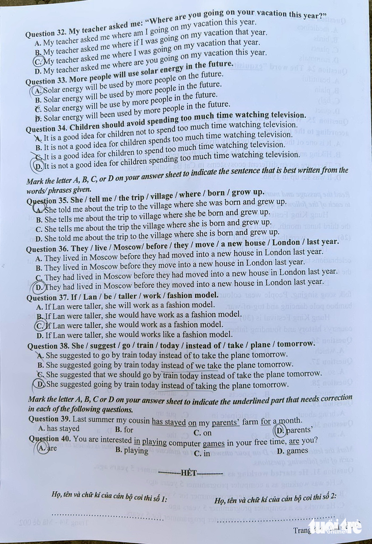 Đề thi tiếng Anh kỳ thi lớp 10 Hà Nội, mã đề 002 - Ảnh: NAM TRẦN
