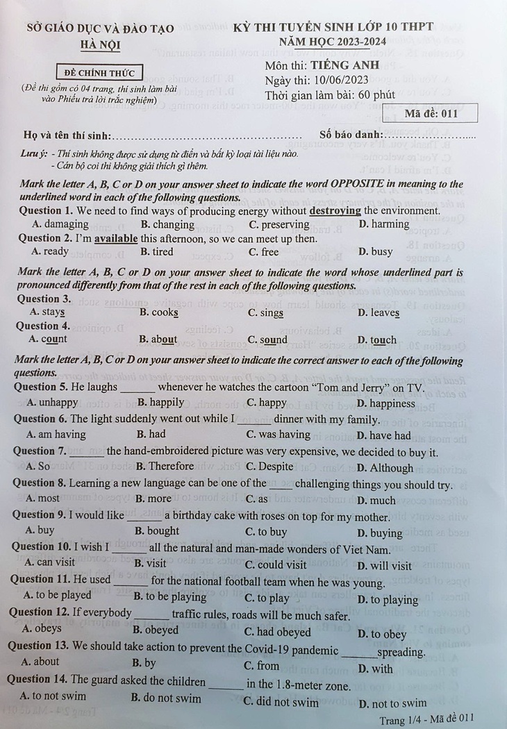 Đề thi, gợi ý bài giải môn tiếng Anh kỳ thi lớp 10 Hà Nội - Ảnh 1.
