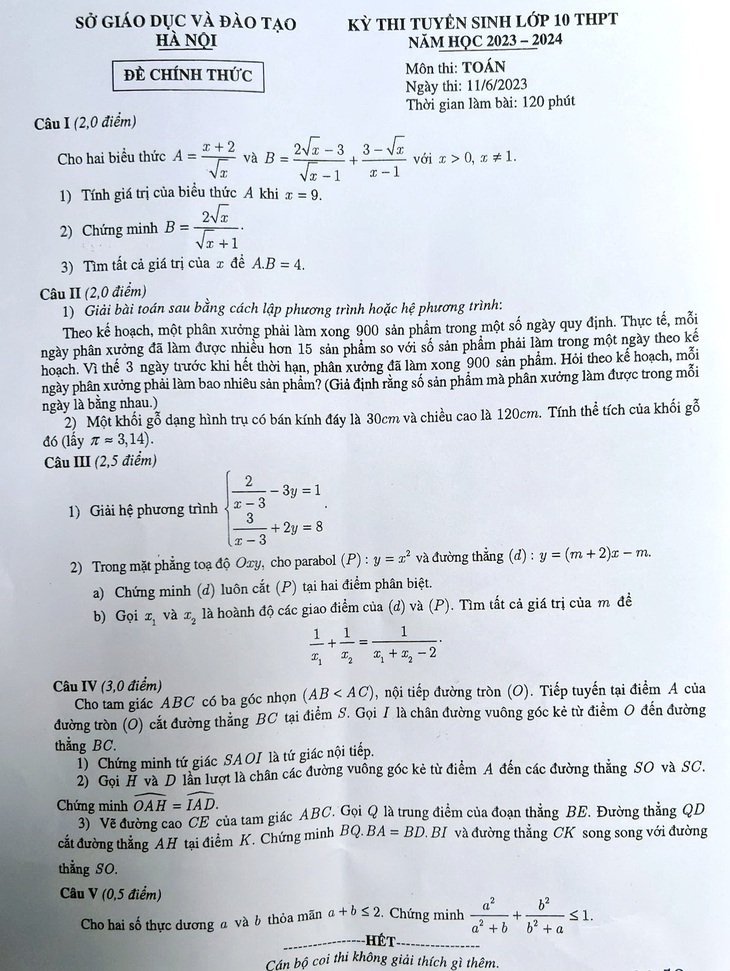 Đề toán kỳ thi lớp 10 Hà Nội - Ảnh: NAM TRẦN