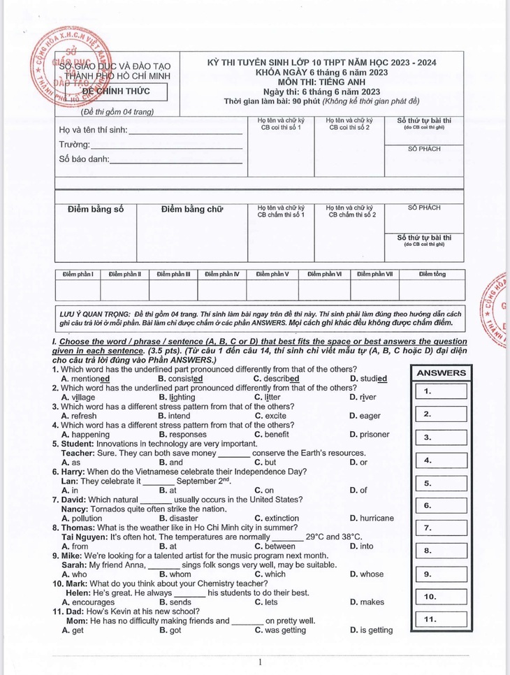 TP.HCM công bố đáp án các môn thi vào lớp 10 - Ảnh 15.