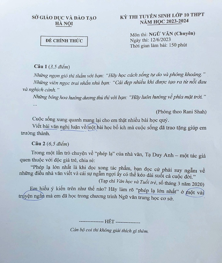 Bài học cuộc sống từ ngọn gió, viên ngọc trai vào đề thi chuyên văn Hà Nội - Ảnh 1.