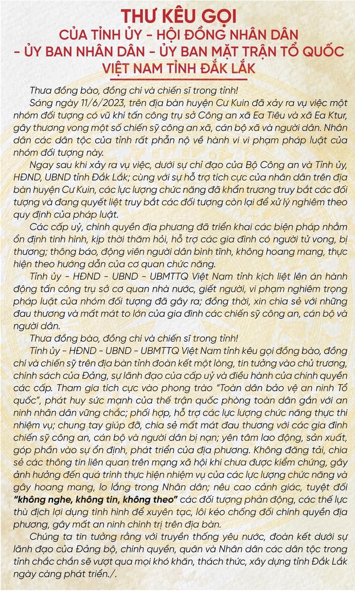 Đắk Lắk kêu gọi người dân bình tĩnh, đoàn kết một lòng sau vụ tấn công 2 trụ sở UBND xã - Ảnh 2.