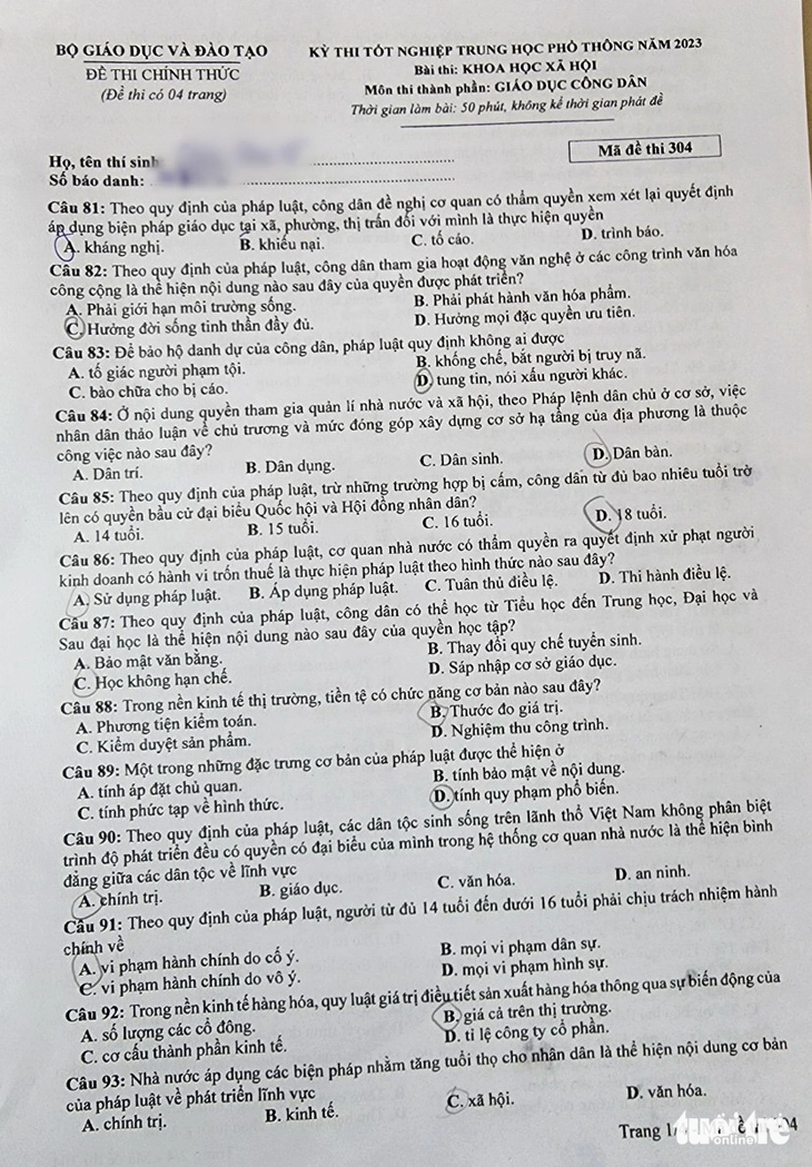 Đề thi môn giáo dục công dân kỳ thi tốt nghiệp THPT 2023 - Ảnh 1.