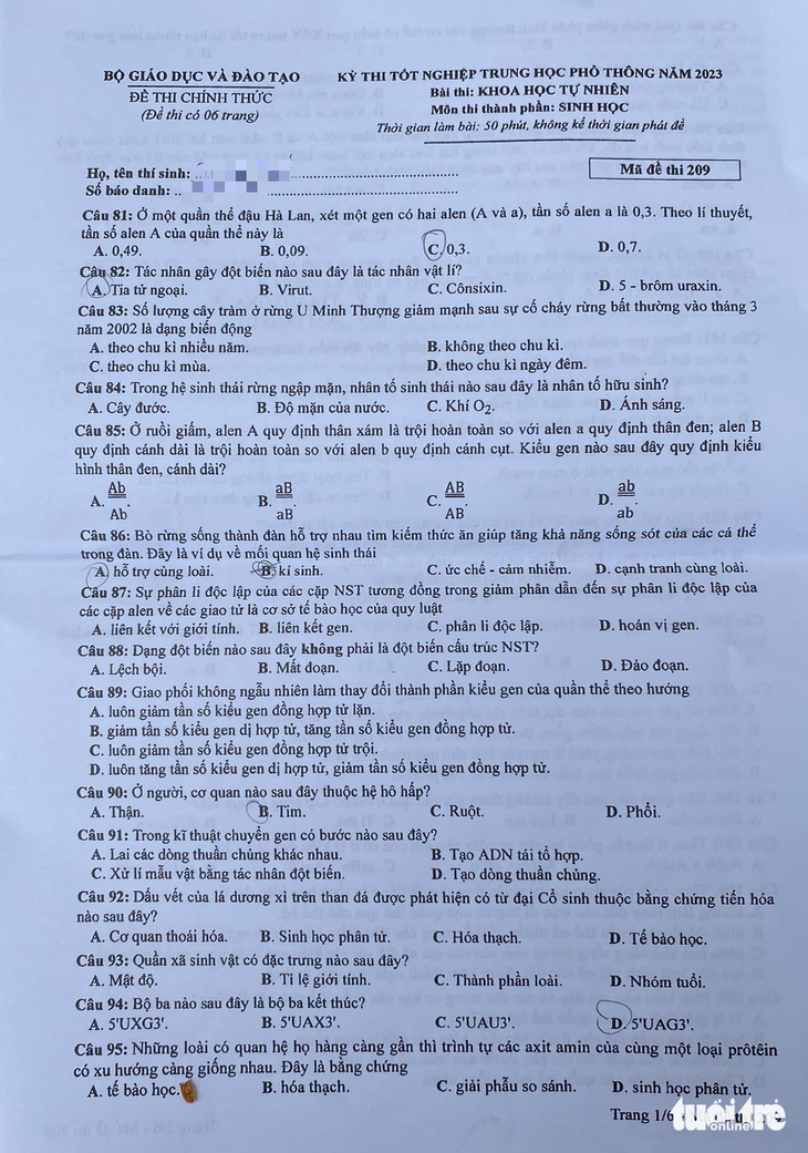 Đã có đề Sinh học kỳ thi tốt nghiệp THPT 2023 - Ảnh 1.