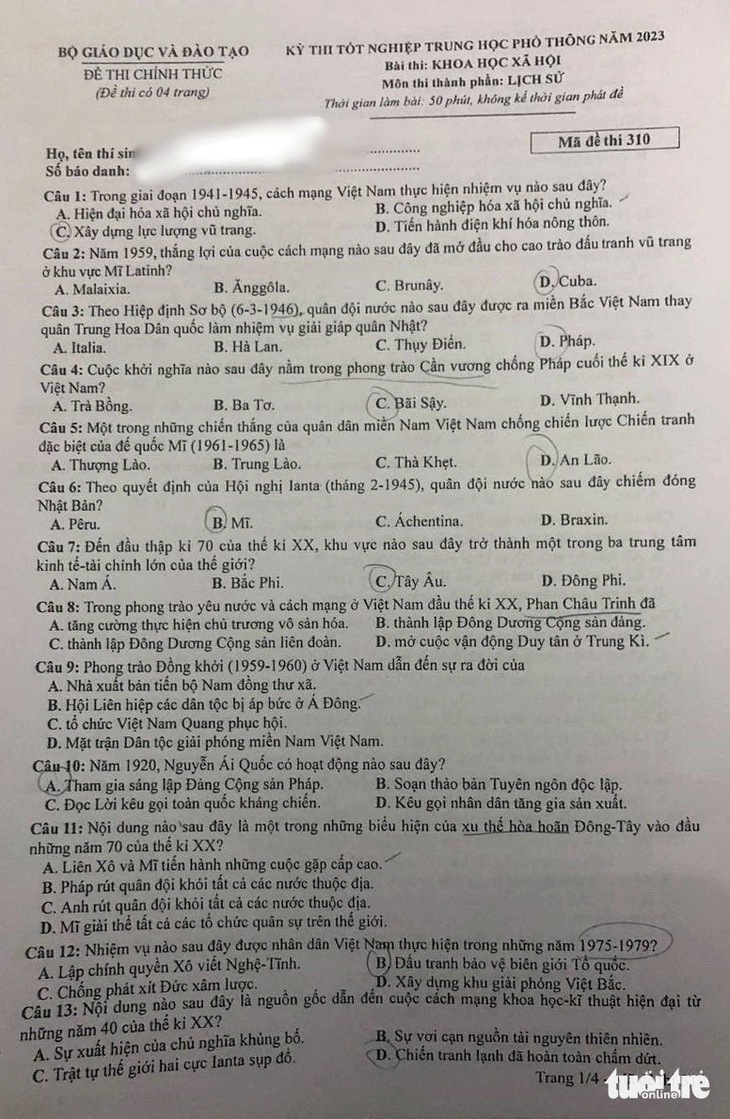 Đề thi môn Lịch sử kỳ thi tốt nghiệp THPT 2023 - Ảnh 1.