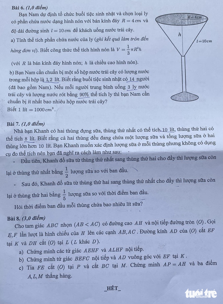 Đề toán thi lớp 10 tại TP.HCM - Ảnh: NGỌC PHƯỢNG