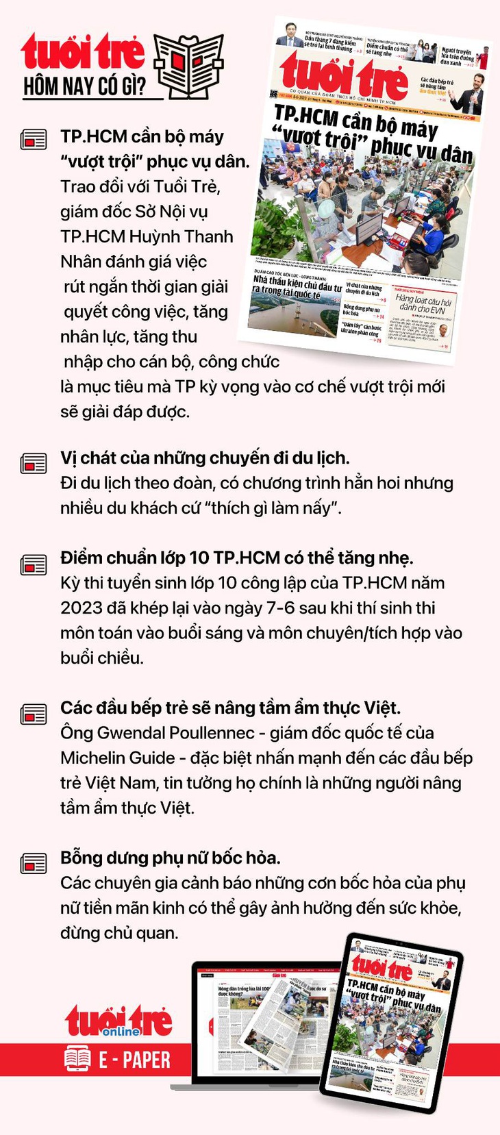 Tin tức đáng chú ý trên Tuổi Trẻ nhật báo hôm nay 8-6. Để đọc Tuổi Trẻ báo in phiên bản E-paper, mời bạn đăng ký Tuổi Trẻ Sao TẠI ĐÂY.