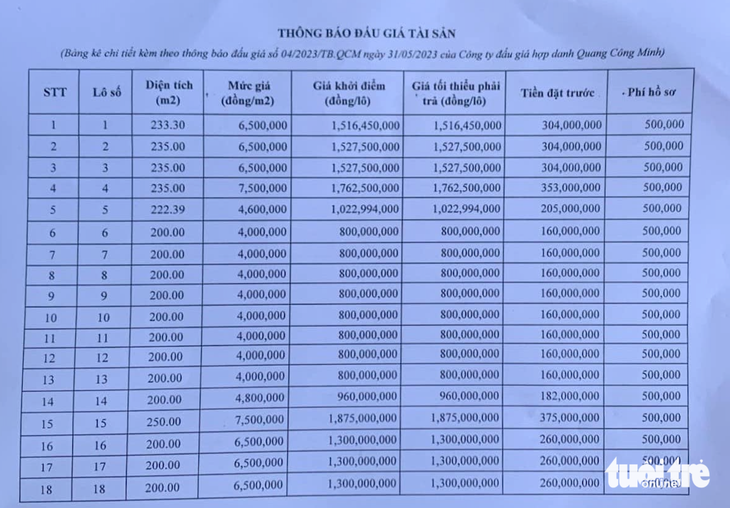 Bảng giá đất khởi điểm 56 lô đất đấu giá - Ảnh: DOÃN HÒA