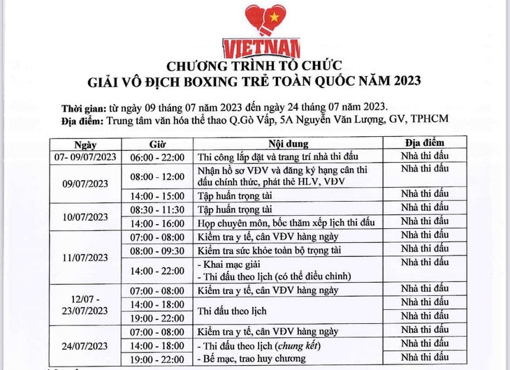 Lịch thi đấu Giải vô địch boxing trẻ toàn quốc 2023 - Ảnh chụp màn hình