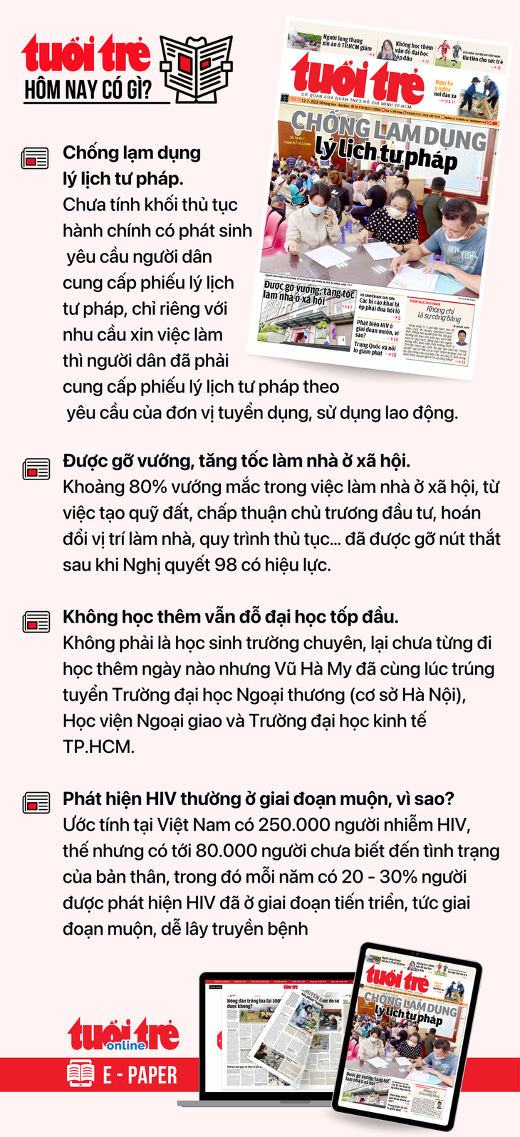 Tin tức đáng chú ý trên Tuổi Trẻ nhật báo ngày 12-7. Để đọc Tuổi Trẻ báo in phiên bản E-paper, mời bạn đăng ký Tuổi Trẻ Sao TẠI ĐÂY