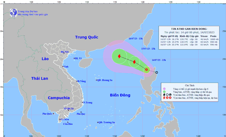Vị trí và hướng di chuyển áp thấp nhiệt đới lúc 13h chiều 14-7 - Ảnh: NCHMF
