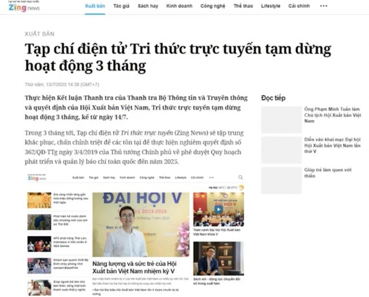 Thông báo tạm dừng hoạt động của Zing News 