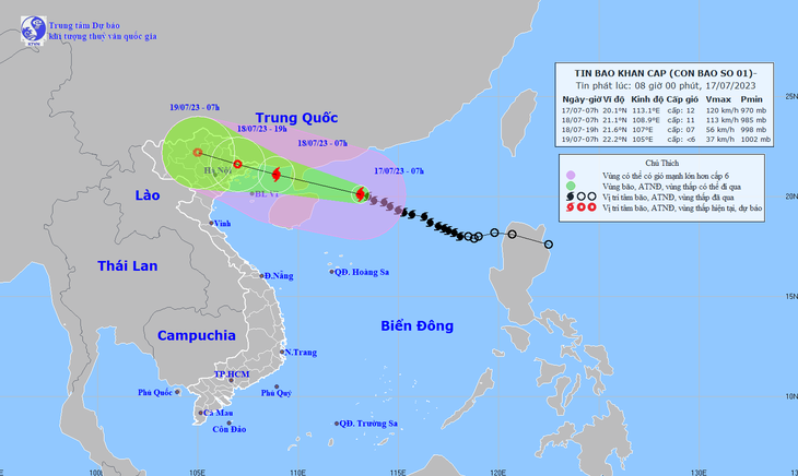 Vị trí và hướng di chuyển của bão, cập nhật đến 9h sáng nay, bão số 1 mạnh lên cấp 12, giật cấp 15 - Ảnh: NCHMF