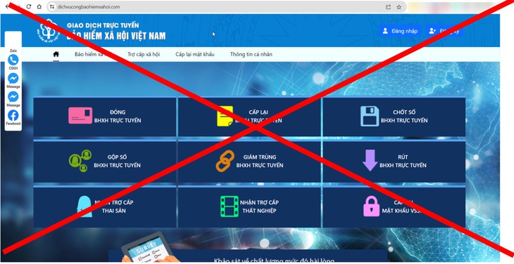 Giao diện trang web giả mạo Bảo hiểm xã hội Việt Nam với thiết kế rất giống trang web thật - Ảnh: BẢO HIỂM XÃ HỘI