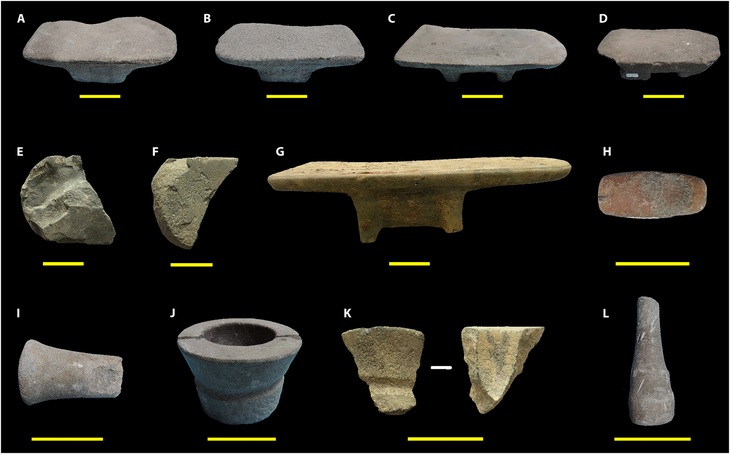 Thiết bị chuẩn bị thức ăn cổ đại được báo cáo trong nghiên cứu này. A đến D và G là ấm mài có chân. E và F là mảnh vỡ của chúng. H, I và L gồm chày cối. J: miếng vữa hoàn chỉnh. K: mảnh vữa - Ảnh chụp lại từ di chỉ Óc Eo