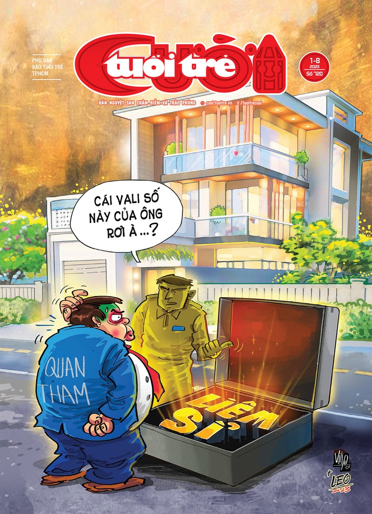 Tuổi Trẻ Cười số 1-8-2023: Chiếc vali số chứa đựng điều gì? - Ảnh 1. Bìa báo Tuổi Trẻ Cười số 1-8-2023: Chiếc vali số chứa đựng điều gì? - Tranh: Viiip+LEO