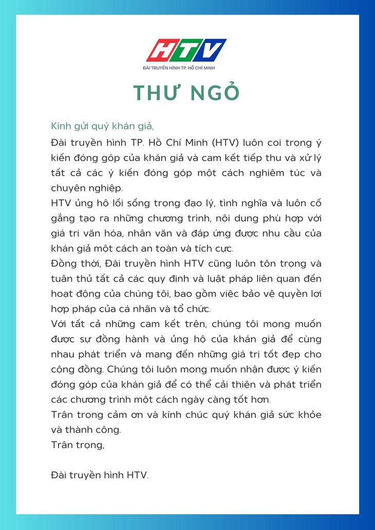 Bức thư ngỏ của HTV đăng trên fanpage HTV