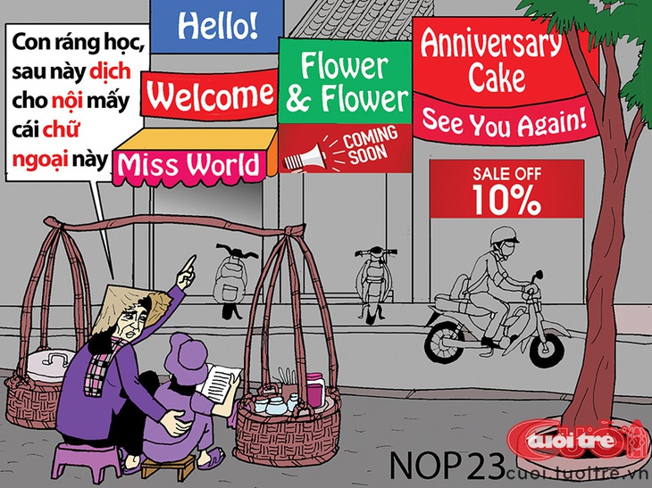 Học ngoại ngữ sau này còn giúp nội - Ảnh 1. Học ngoại ngữ để sau này giúp nội - Tranh biếm họa của NOP