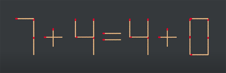 Thử tài IQ: Di chuyển một que diêm để 7+4=4+0 thành phép tính đúng - Ảnh 1.