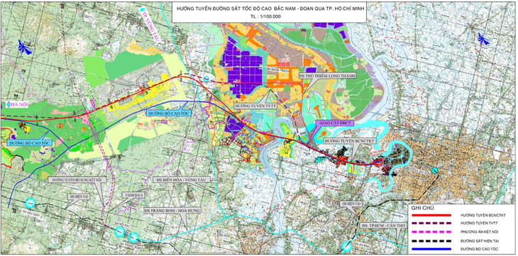 Tổng hợp các phương án hướng tuyến đường sắt tốc độ cao qua địa phận TP.HCM - Nguồn: Bộ Giao thông vận tải