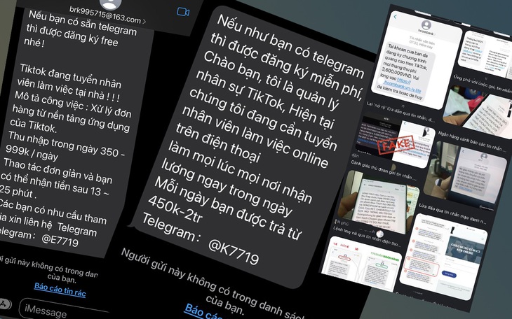 Đến nay nhiều tin nhắn rác lừa đảo như giới thiệu việc làm, trúng thưởng, giả mạo thương hiệu lớn, chiếm đoạt tài khoản... - Ảnh: MINH ANH chụp màn hình